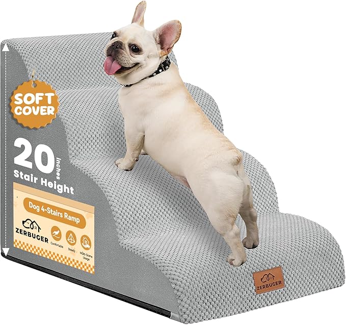 Dog Ramp and Stair for Bed 16" H-20 H,3-Step Cat Stair for Sofa and Chair,4-Step Dog Ramp for High Bed and Window,Durable Nonslip Fabric Cover for Indoor (Light Grey-20 H, Pet Friendly, 4)-PawvioPets
