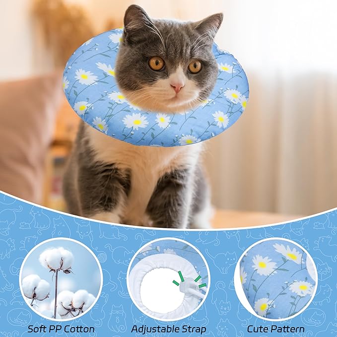 Cat Cone Collar Soft, Adjustable Cat Recovery Collars Kitten Cones to Stop Licking, Cute Donut E Collar After Surgery, Anti-Lick Wound Healing Elizabethan Collar for Kitten(Blue Daisy, Medium)-PawvioPets