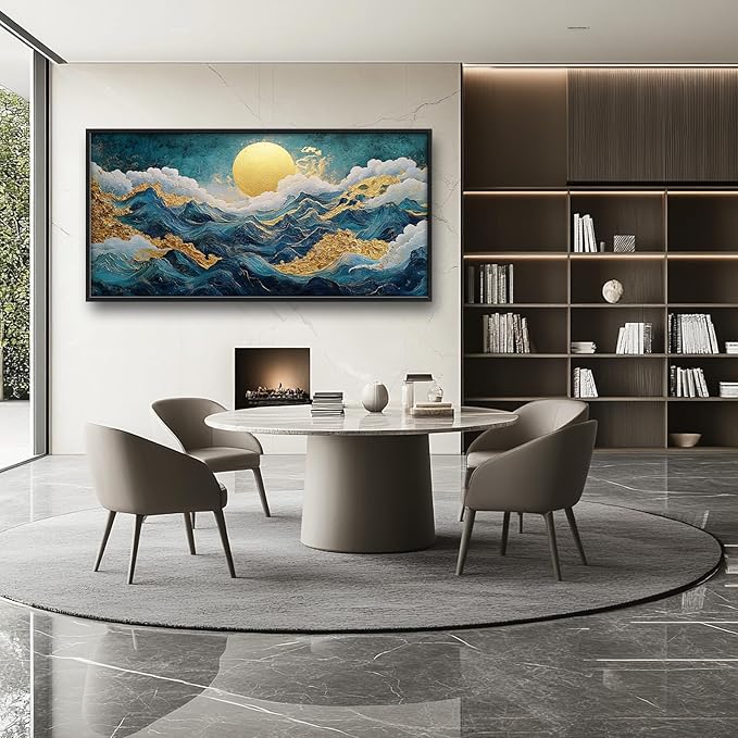 Framed Large Sun Mountain Wall Art, Oversized Teal and Golden Sun Wall Decor for Living Room, Abstract Landscape Canvas Painting Modern Artwork Home Decoration for Living Room Bedroom 60"x30"-PawvioPets