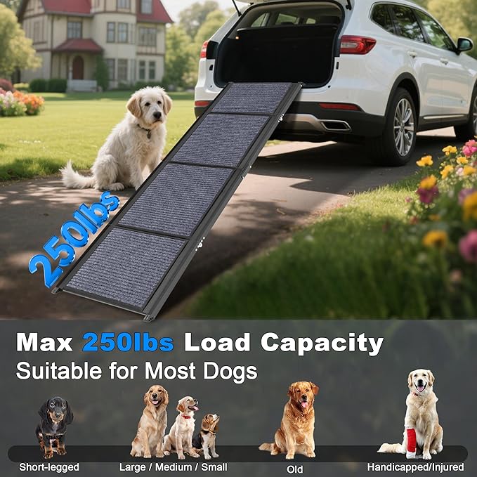 AQUILLA Dog Ramp for Car, 63" Folding Portable Dog Ramp with Non-Slip Rug Surface, Extra Wide Pet Ramps for Cat & Dogs Get on Bed, Cars, Stairs,Pick Up Trucks, Up to 250LBS (63" L x 17.3" W)-PawvioPets