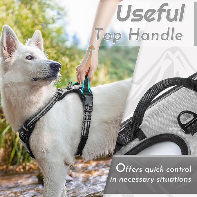 Eagloo Dog Harness Medium Sized Dog, No Pull Service Vest with Reflective Strips and Control Handle, Adjustable and Comfortable for Easy Walking, No Choke Pet Harness with 2 Metal Rings, Grey, M-PawvioPets