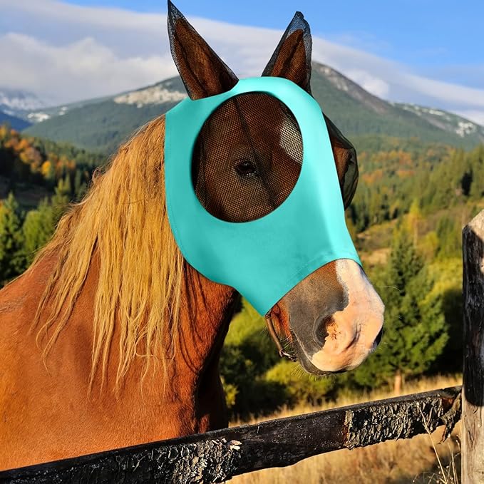 Frienda 4 Pcs Horse Fly Masks with Ears Head Fly Masks for Horses Smooth Elastic UV Protection Cover from Summer Insect Pests(Medium,Black, Gray, Blue, Mint Green)-PawvioPets