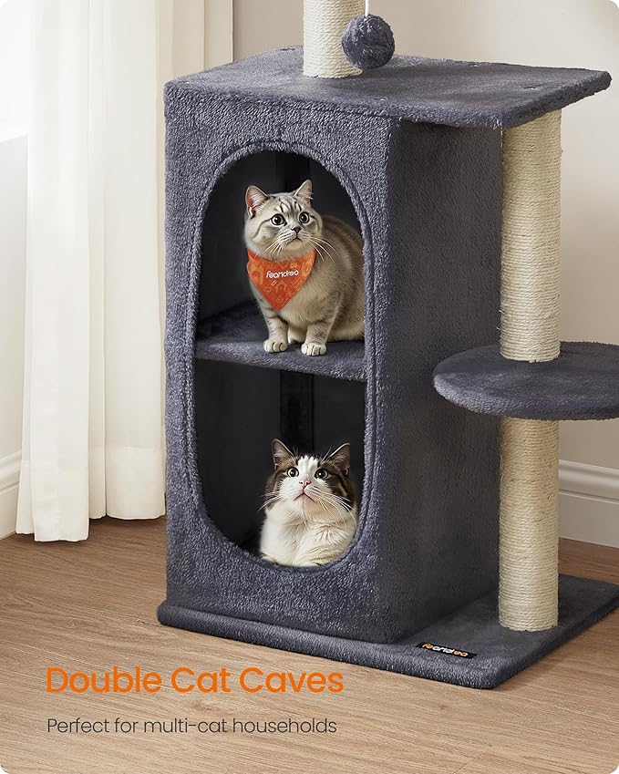 Feandrea Cat Tree Tower with 2 Caves for Multi-Cat Households, Kittens, Scratching Posts, Dark Gray UPCT005G02-PawvioPets