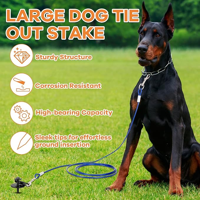 Dog Tie Out Stake, Heavy Duty 360°Swivel Dog Outside Lead Cable, Screw in Spike Auger Ground Stake Anchors with Power Nut Drill Bit, T Wrench and Leash, for Yard Camping Beach-PawvioPets