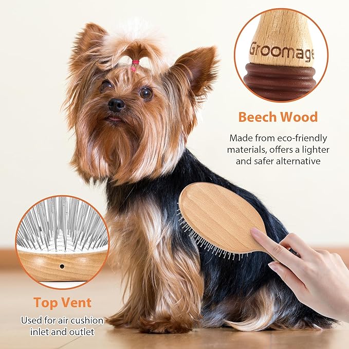 Dog Brush for Long Haired Dogs, 27mm Extra Long Pin Brush for Grooming, Shedding - Beech Wood Material, Non-Slip Rubber Handle, Round-Tipped Pins-PawvioPets