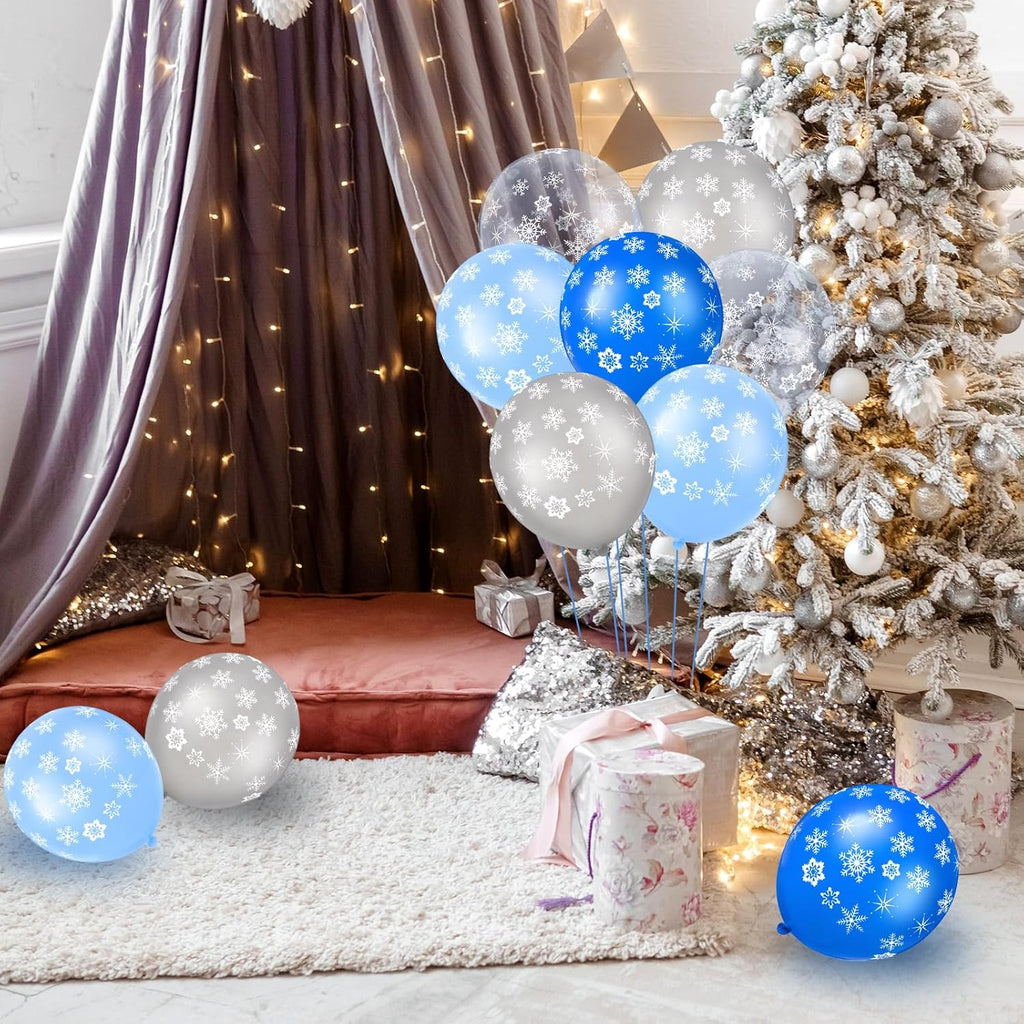 Skylety 40 Pieces Snowflake Balloons Bulk Winter Transparent Snowflake Latex Balloons for Christmas Birthday Wedding Party Decorations(Blue, Macaron Blue, Silver, Clear)