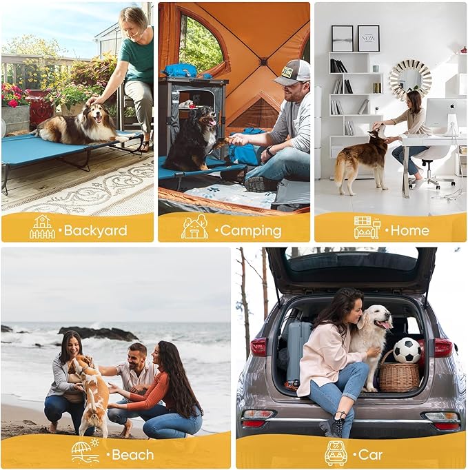 Folding Raised Dog Bed, Large Outdoor Elevated Dog Cot, Cooling Chew Proof Pet Cots Bed, Portable, Heavy Duty Up to 160 lbs, Pet Cot for Camping, Home, Dark Blue, 49"x33"x7"-PawvioPets