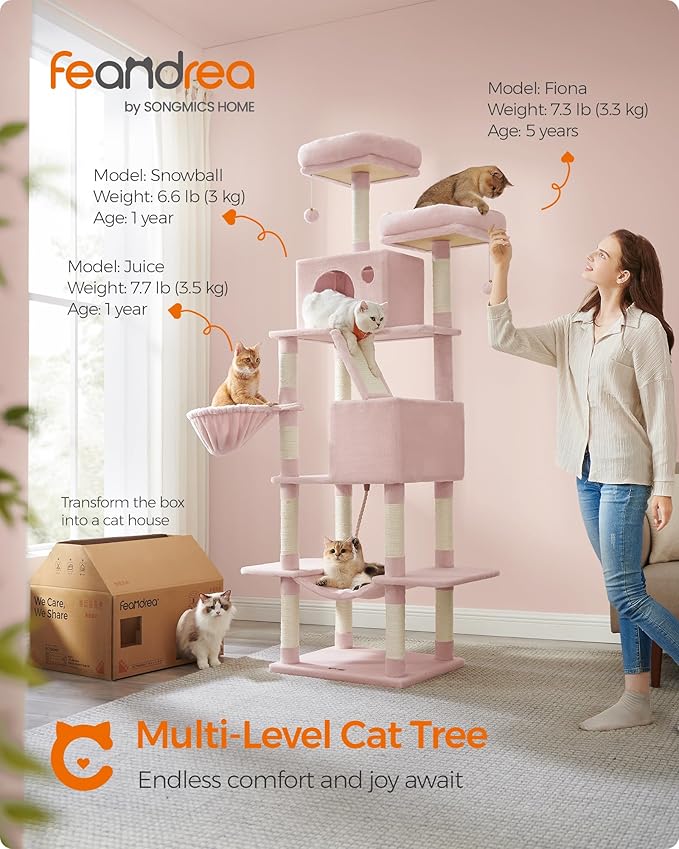 Feandrea Cat Tree, 81.1-Inch Large Cat Tower with 13 Scratching Posts, 2 Perches, 2 Caves, Basket, Hammock, Pompoms, Multi-Level Plush Cat Condo for Indoor Cats, Jelly Pink UPCT190P01-PawvioPets