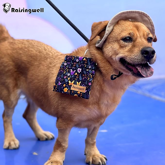 Dog Treat Pouch, Pocket Sized Pet Training Pouch, Cotton Fabric, Hand Free Purple Flower Dog Walking Bag with Carabiner, Self-Closing Pet Feed Snack Reward, for Puppy Travel or Outdoor Use-PawvioPets