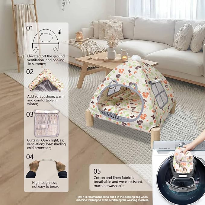 2-in-1 Elevated Cat Tent Cat House, Quick Assembly and Disassembly, Portable Indoor/Outdoor Cute Cat Bed Cave-Butterfly and Flower-PawvioPets