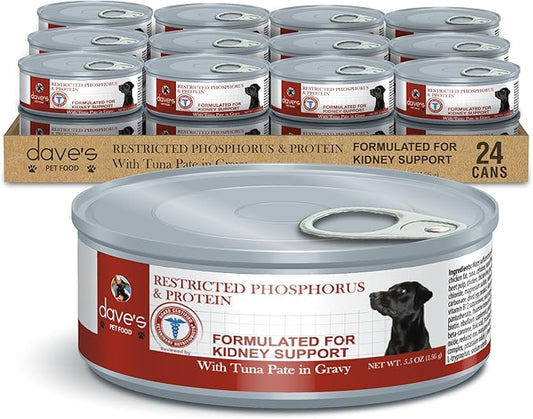 Dave's Pet Food Kidney Support Dog Food (Tuna Pate), Non-Prescription, Low Phosphorus, Low Sodium, Wet Canned, Renal Kidney Care, Vet Formulated, 5.5 oz (24 Pack)-PawvioPets