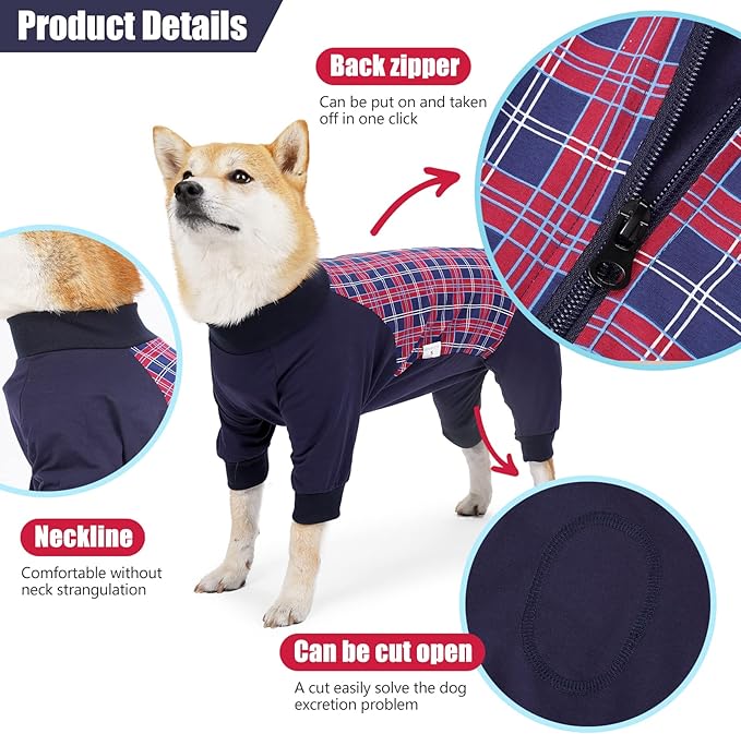 Dog Recovery Suit, Abdominal Wound After Surgery Wear, Anti Licking Bodysuit with Zipper, E-Collar & Cone Alternatives, Plaid Dog Spay Surgical Onesie Prevent Shedding(3XL, Red)-PawvioPets