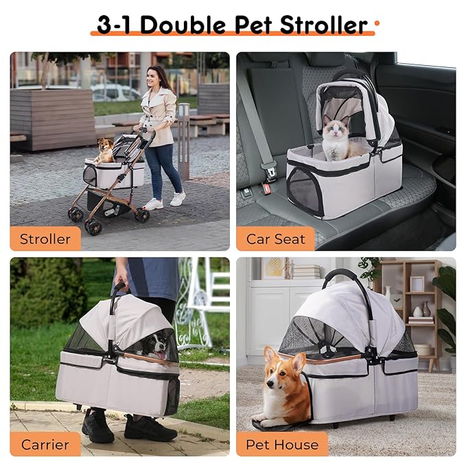 3-in-1 Foldable Pet Stroller for Medium Dogs & Cats (50lbs) - Detachable Carrier, Car Seat, Storage Basket, 5" Lockable Wheels-PawvioPets