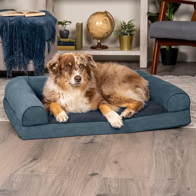 Furhaven Cooling Gel Dog Bed for Large/Medium Dogs w/ Removable Bolsters & Washable Cover, For Dogs Up to 55 lbs - Sherpa & Chenille Sofa - Orion Blue, Large-PawvioPets
