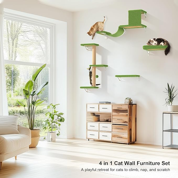 FUKUMARU Cat Wall Shelves, Stable & Safe 4 in 1 Cat Furniture Set, Wooden Climbing Wall with Scratching Post, Bridge and Bed, Stylish Jungle Gym for 16 Inch Drywall - Green-PawvioPets