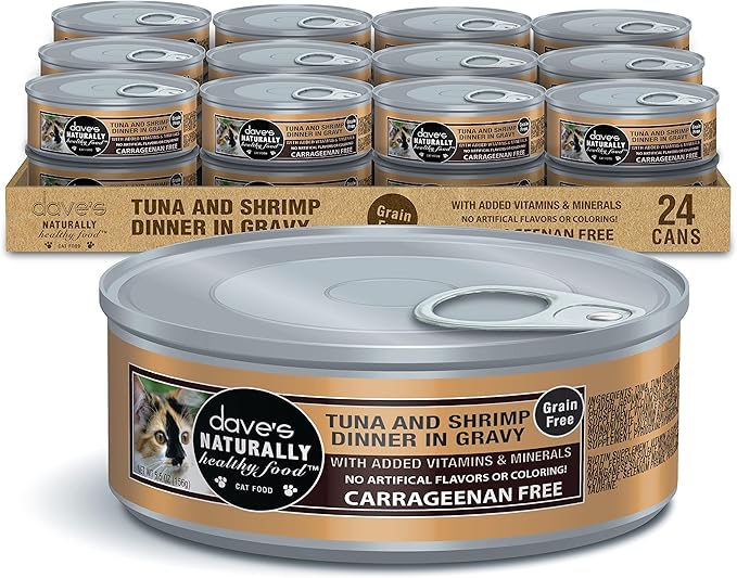 Dave's Pet Food Grain Free Wet Cat Food Gravy (Tuna & Shrimp Dinner in Gravy), Naturally Healthy Canned, Added Vitamins, 5.5 oz Cans (24 Pack)-PawvioPets