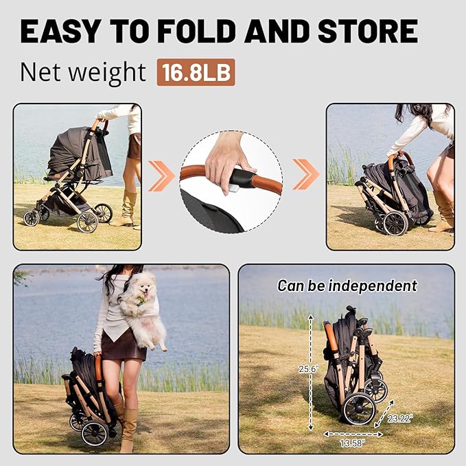 EchoSmile Small Medium Dogs Stroller 4-Wheel Pet Strollers for Medium Dogs Up to 50lbs, One Click Folding Large Cat Stroller, Reversible Handle, Shock Absorbing Wheels, Removable Washable Pad-PawvioPets