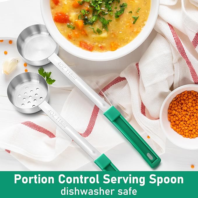16 Pcs Portion Control Serving Spoons, Restaurant Measuring Serving Ladle Utensils, Portion Control Slotted Scoops for Weight Loss, Solid and Perforated Scoops(Green,4 oz)-PawvioPets