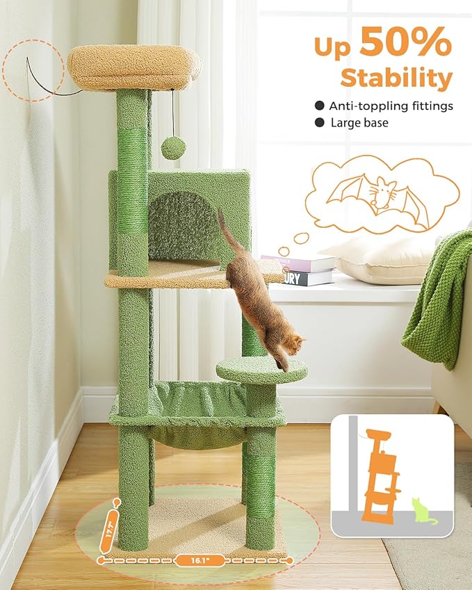Cactus Cat Tree for Indoor Cats, 45.7" Multi-Level Cat Tower with Large Metal Frame Hammock, Cat Condo with 4 Scratching Posts and Top Perch, Green-PawvioPets