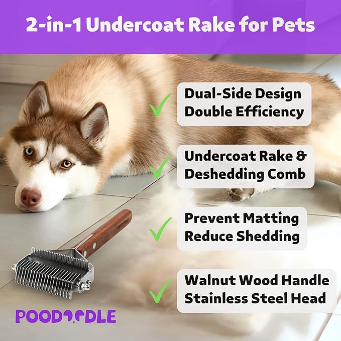 2 in 1 Dogs Cats Dematting Grooming Comb, Perfect Deshedding Undercoat Rake for Poodle & Goldendoodle, Efficiently Detangling Shedding Loose Hair & Matted Fur, All Long Haired Pet (Dark)-PawvioPets