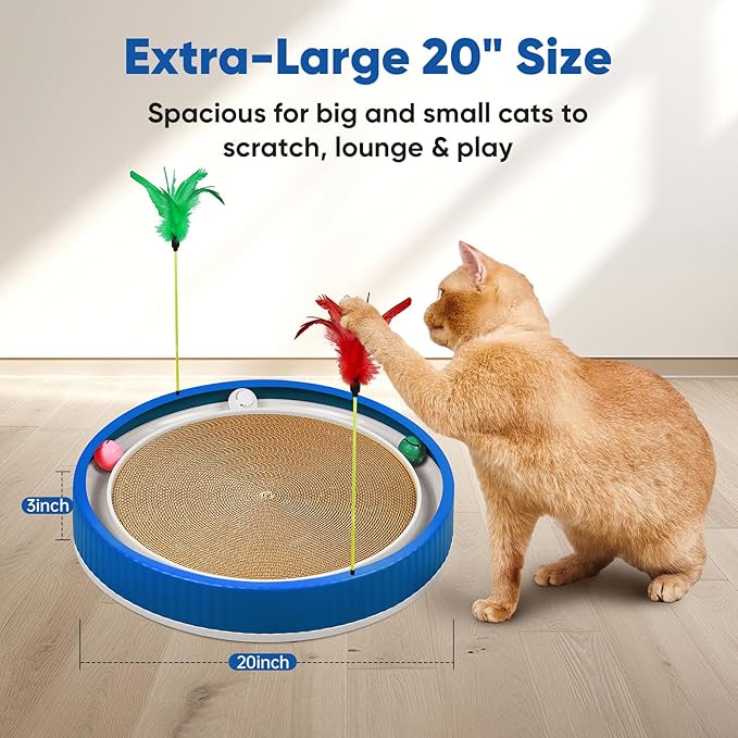 20-Inch Round Cat Scratcher with Ball Track – 3-in-1 Cardboard Scratching Pad with Feather Toy & Non-Slip Base – Interactive Cat Toy for Indoor Cats, Kittens & Large Cats (Blue)-PawvioPets