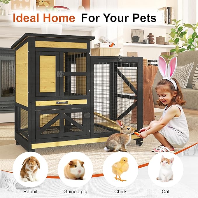 40'' Rabbit Cage Bunny Cage Indoor, Outdoor Rabbit Hutch for Small Animals, 2-Story Wooden Guinea Pig Cages with Wheels & 2 Deeper No Leak Trays, Waterproof Openable Roof & Bottom Wire Mesh-PawvioPets