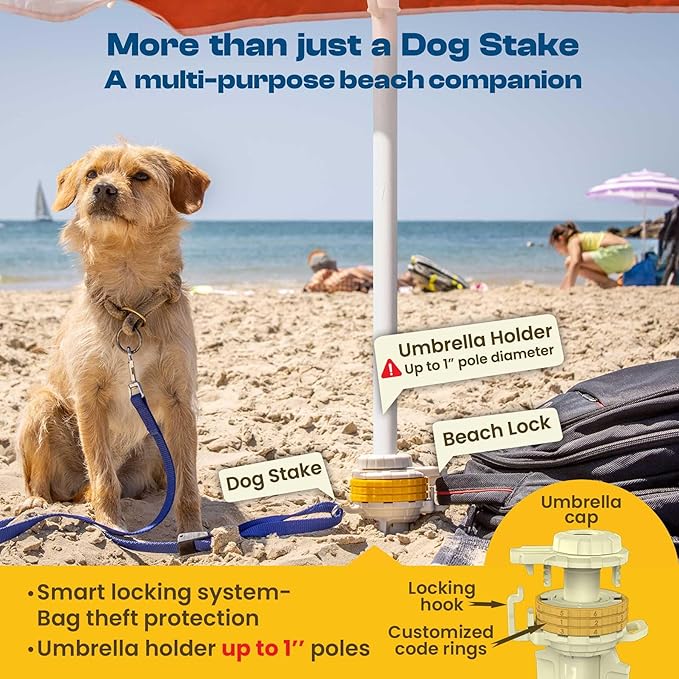 Diggo Dog Stake Beach Anchor - Dog Beach Essentials for All Dog Sizes - Unique 360° Head Rotating Combination Beach Lock System, Heavy Duty Tie Out Stake, Umbrella Sand Anchor, Designed for The Beach-PawvioPets