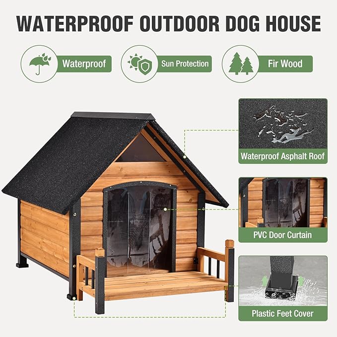 Dog House Outdoor with Anti-Chewing Iron Frame, Weatherproof Dog Kennel with Porch and Raised Feet for Small Medium Large Dogs Indoor (Brown, 45" x 32.9" x 32.6")-PawvioPets