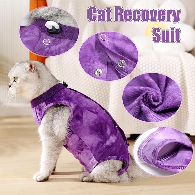 Cat Recovery Suit for Male and Female Surgical Post Surgery Soft Cone Onesie Tie Dye Cats Shirt Clothes Neuter Licking Protective Diapers Outfit Cover Kitten Spay Collar Alternative(Purple, M)-PawvioPets