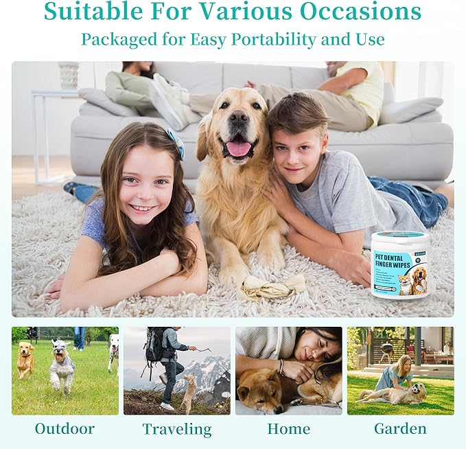 Dog Teeth Cleaning Wipes, Cat & Dog Toothbrush Brushing Kit, Dog Tooth Finger Dental Wipes to Remove Tartar & Plaque, Plant-Based Care Disposable Pet Wipes (50 Count, Uncented)-PawvioPets