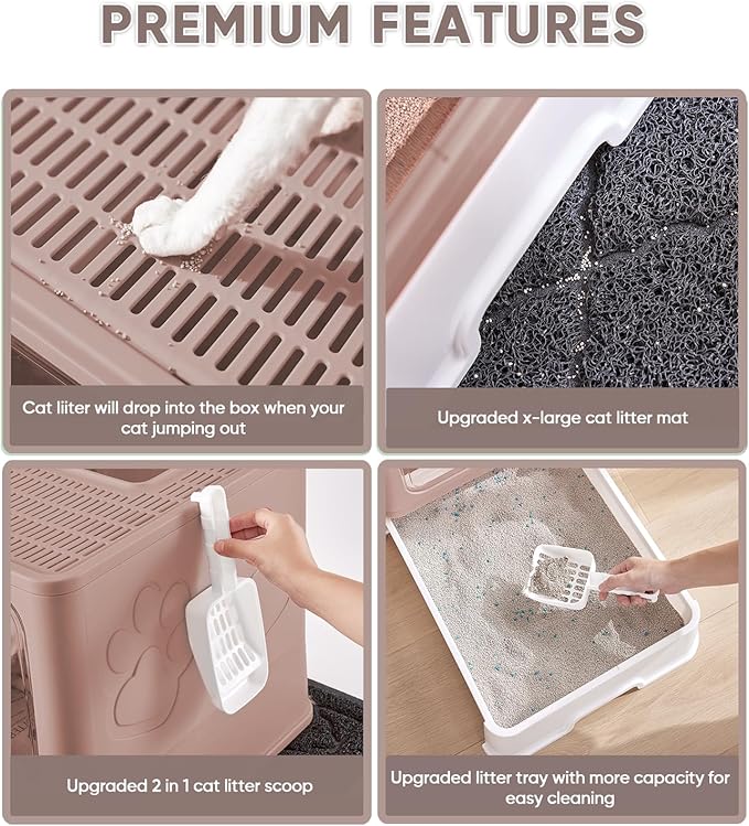 Cat Litter Box with X-Large Litter Mat and Scoop, Large Foldable Litter Box with Lid, Enclosed Kitty Box,Front Top Entry Exit, Odor Control Easy to Clean (Upgrade Coffee)-PawvioPets