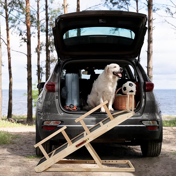 Dog Ramp for Bed PANTAZO Adjustable Ramps for Small Dogs to Get on Bed, Up to 28.5 Inches, 48'' Long,120lbs with Anti-Slip Grip & Safety Rail-PawvioPets