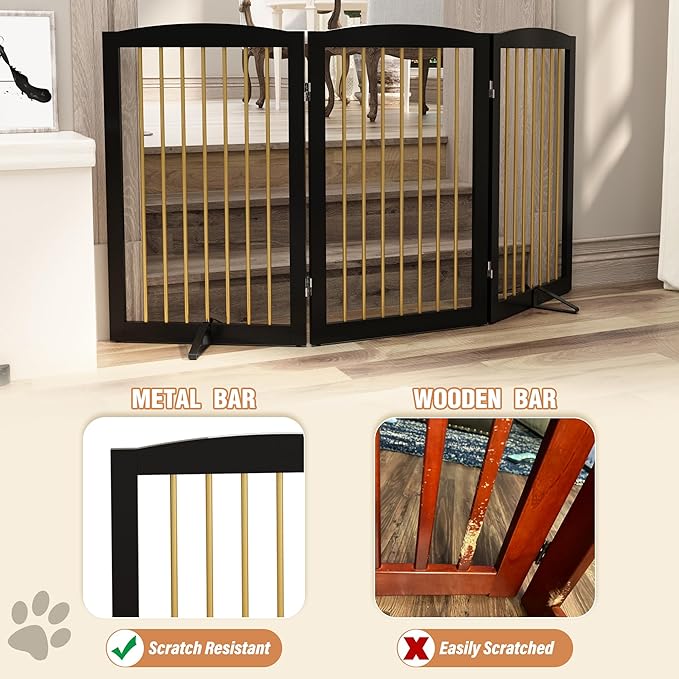 Freestanding Pet Gate for Dogs, Foldable Wooden Dog Gate for House Indoor, Step Over Pet Puppy Safety Fence for Stair, Doorway,Hall, Support Feet Included,3 Panels 32",Black&Gold-PawvioPets