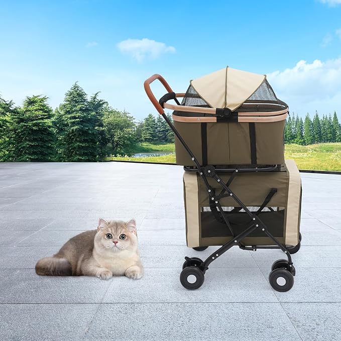 Foldable Pet Stroller for Small & Medium Dogs, Double Dog & Cat Stroller with 3-in-1 Travel System, Detachable Pet Carrier with Wheels for Cats and Dogs up to 77 lbs, Dark Green-PawvioPets
