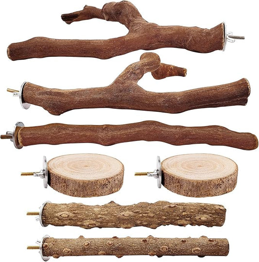 7-Piece Bird Perch Set: 3 Grapevine Paw Grinding Forks, 2 Wood Stands & 2 Hammocks - Cage Accessories for Parakeets, Cockatiels, Conures, Budgies-PawvioPets