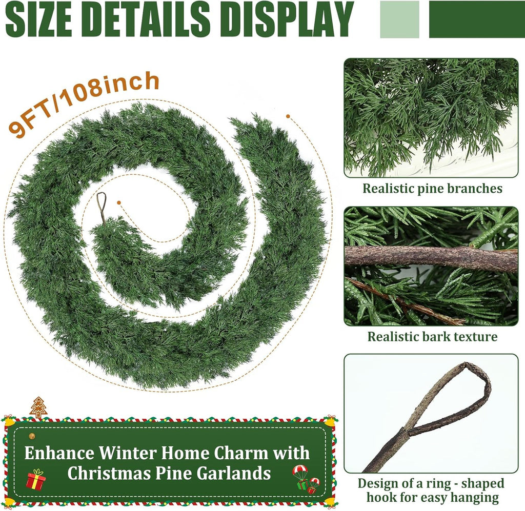 9ft Christmas Cedar Garland, Real Touch Pine Garland, Realistic Cypress Garlands Christmas Decorations for Mantel, Table, Stairs, Porch - Indoor Outdoor Xmas Holiday Decor