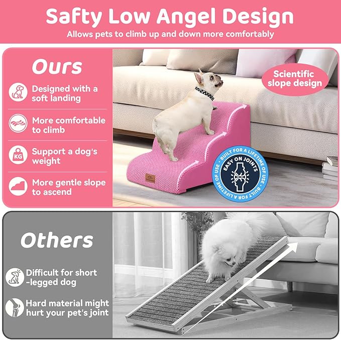 Dog Ramp and Stair for Bed 16" H-20 H,3-Step Cat Stair for Sofa and Chair,4-Step Dog Ramp for High Bed and Window,Durable Nonslip Fabric Cover for Indoor (Pink-16 H, Pet Friendly, 3)-PawvioPets