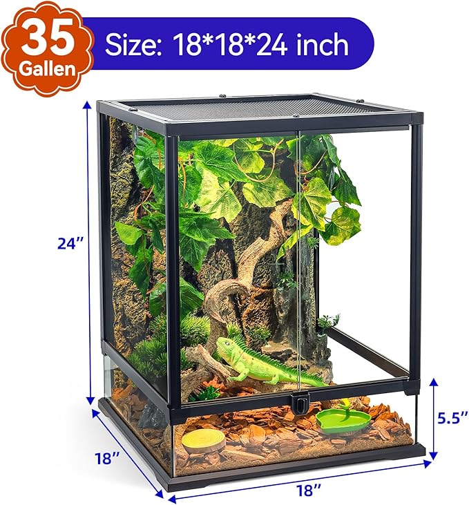 360° Clear View 35 Gallon 24x18x18 Glass Reptile Terrarium Suitable for Bearded Dragon, Chameleon, Crested Gecko, Multi-Pet Enclosure with Front Door, Excellent Ventilation, Hidden Wiring Holes-PawvioPets