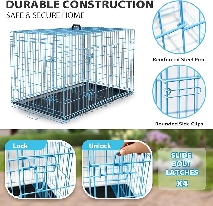 BestPet | Dog Crate | 36" | Blue | Foldable Metal Kennel with Double Doors, Secure Slide-Bolt Latches, Leakproof Tray | Portable Dog Cage for Medium Sized Breeds | for Travel, Indoor & Outdoor Use-PawvioPets