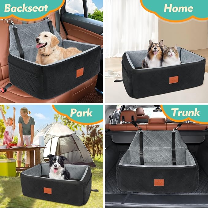 Dog Car Seat for Large Medium Dogs,Washable Pet Carseat Under 55 lbs or 2 Small Dogs,Dog Booster Seat Travel Bed with Thick Cushion,2 Safety Leashes-PawvioPets