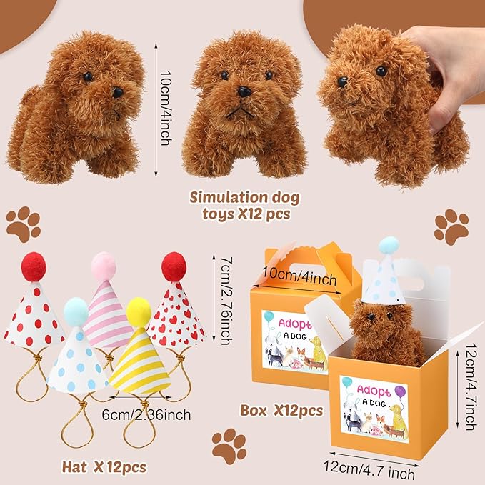 20 Pcs Mini Plush Dog Bulk 4 Inch Small Stuffed Puppy Set Include 20 Adopt a Pet Kraft Paper Boxes and 20 Cute Cone Hats Soft Dog Animals for Kids Birthday Adopt a Puppy Favor Gifts-PawvioPets