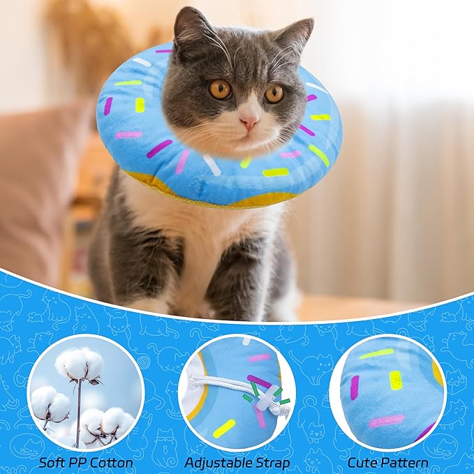 Cat Cone Collar Soft, Adjustable Cat Recovery Collars Kitten Cones to Stop Licking, Cute Donut E Collar After Surgery, Anti-Lick Wound Healing Elizabethan Collar for Kittens(Donut Blue, Medium)-PawvioPets