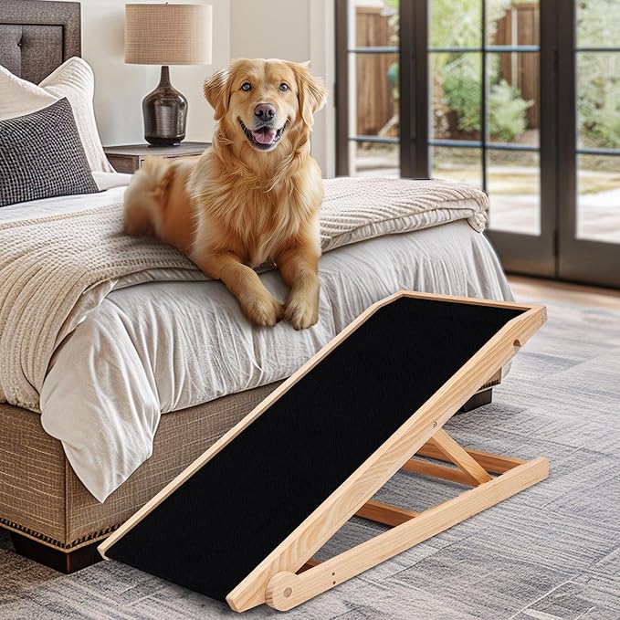 Dog Ramp, Adjustable Height Wooden Folding Pet Ramp for Bed, Couch,SUV-High Traction, Portable Paw Ramps for Small & Large Old Dogs & Cats - Furniture Quality-PawvioPets