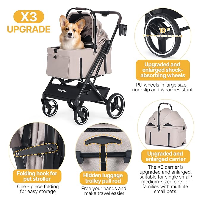BEBEROAD X3 2 in 1 Pet Stroller for Medium or Two Small Dogs & Cats 4 Wheels Lightweight Foldable Carrier Dog Stroller with Waterproof Weather Cover Cup Holder,Storage Basket(Camel)-PawvioPets