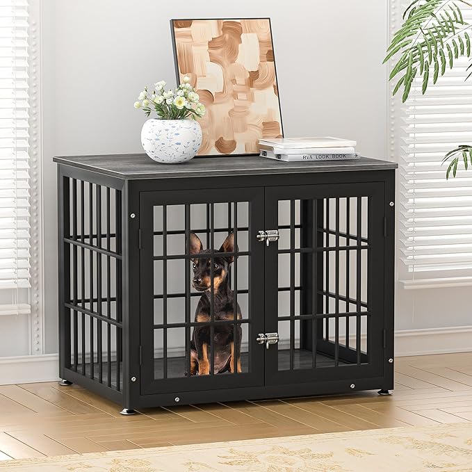 32 Inch Heavy Duty Dog Crate Furniture for Medium and Small Dogs, Decorative Pet House End Table, Wooden Cage Kennel Furniture Indoor, Gray-PawvioPets
