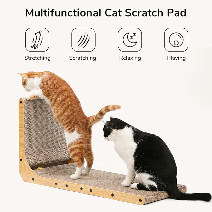 FUKUMARU Cat Scratcher, 32.7 Inch L Shape Cat Scratch Pad Wall Mounted, Cat Scratching Cardboard with Ball Toy for Indoor Cats, Extra Large-PawvioPets