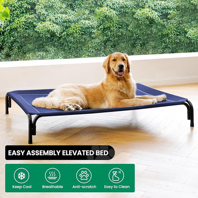Elevated Dog Bed Raised Outdoor Dog Cot for Large Dogs, Installation Requires No Tools, Frame with Washable Cooling Breathable Mesh Anti-Slip Feet, Indoor Pet Bed, Blue, 43.3 Inches-PawvioPets