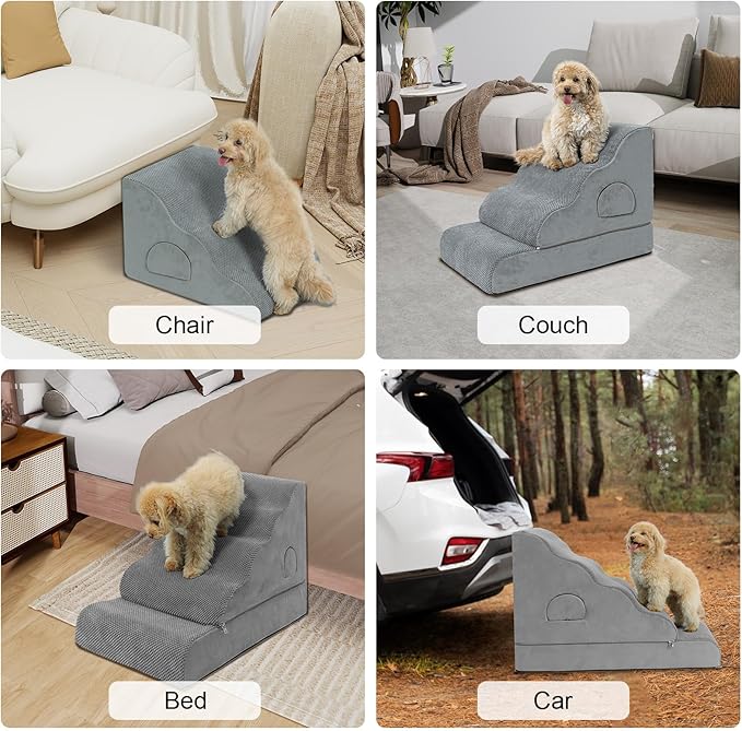 Dog Stairs for Small Dogs 24.6" H, 5-Step Dog Steps for High Bed, High-Density Foam Curved Pet Stairs with Non-Slip Removable Washable Cover to Get on Bed-PawvioPets