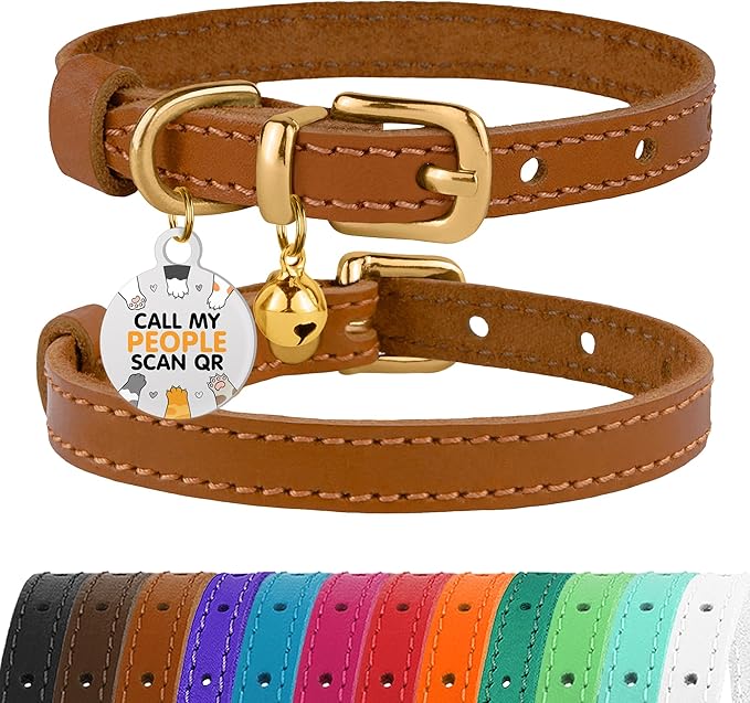BRONZEDOG Leather Cat Collar with Removable Bells Non Breakaway Kitten QR Tag for Girl Boy (9" - 12" Cats/Mini Dogs, Light Brown & Gold)-PawvioPets