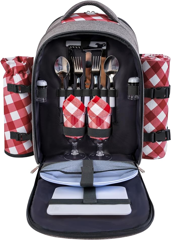 apollo walker Picnic Backpack Bag with Cooler Compartment, Detachable Bottle/Wine Holder, Fleece Blanket, Plates and Cutlery Set (2 Person, Gray)-PawvioPets